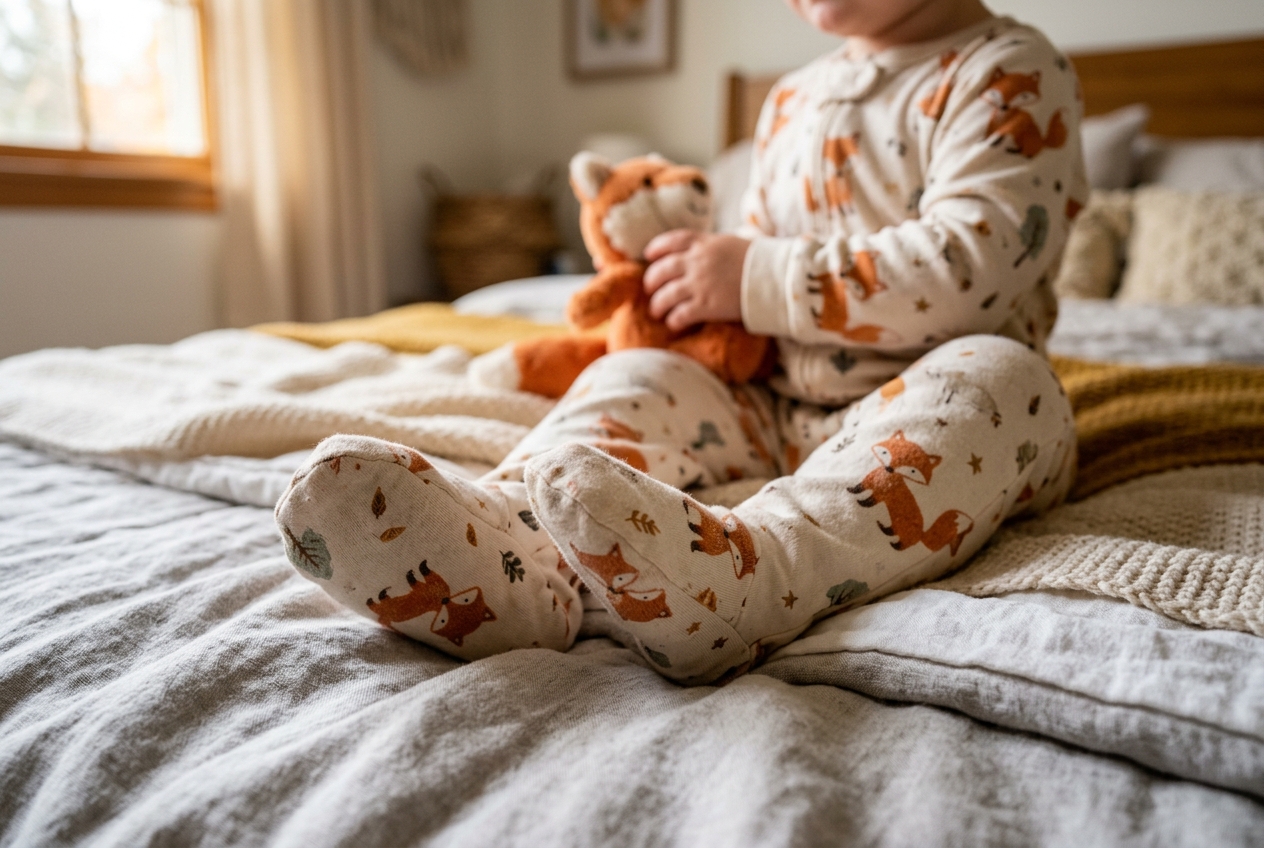 Detailfoto van de aangenaaide stoffen voeten van een katoenen kinder-onesie pyjama met vossenprint, terwijl het kind op een bed zit en een knuffel vasthoudt.