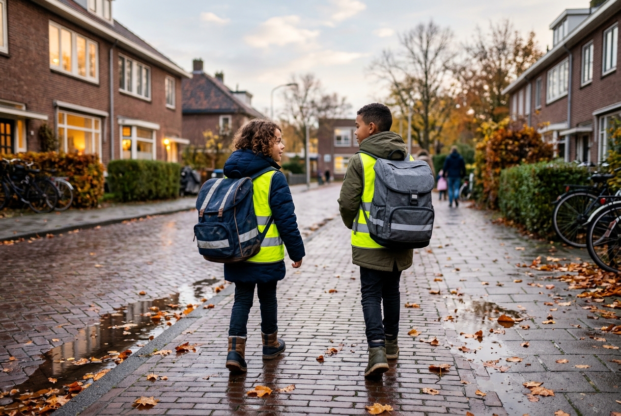 Twee Nederlandse kinderen lopen met grote rugzakken en fluorescerende hesjes door een natte herfstige straat naar school in zachte ochtendverlichting.