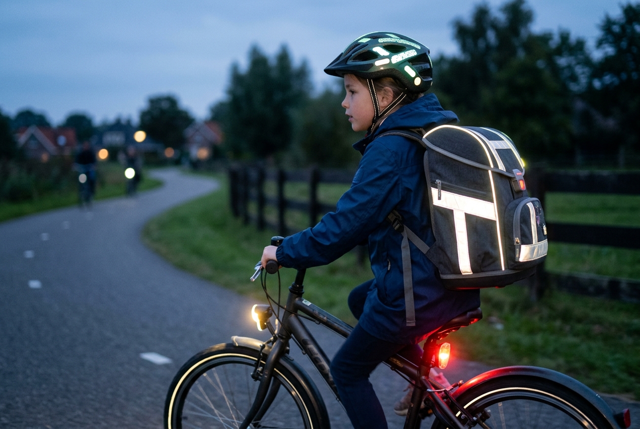 Close-up van een fietsende kind met reflecterende strips op rugzak, helm met reflectie en fietslampjes brandend in de schemering.