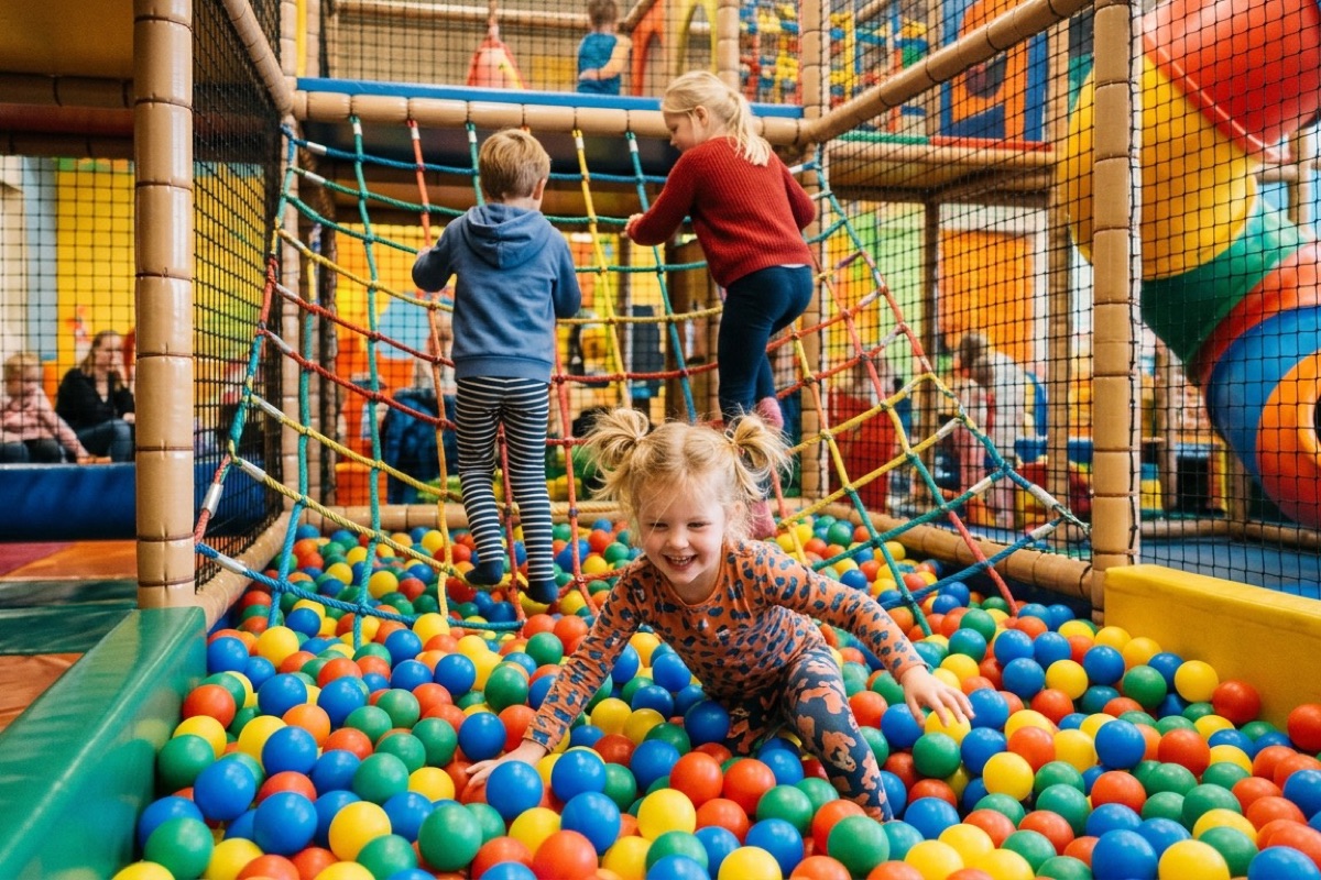 Nederlandse kinderen spelen in een kleurrijke binnenspeeltuin met klimrekken en een ballenbak