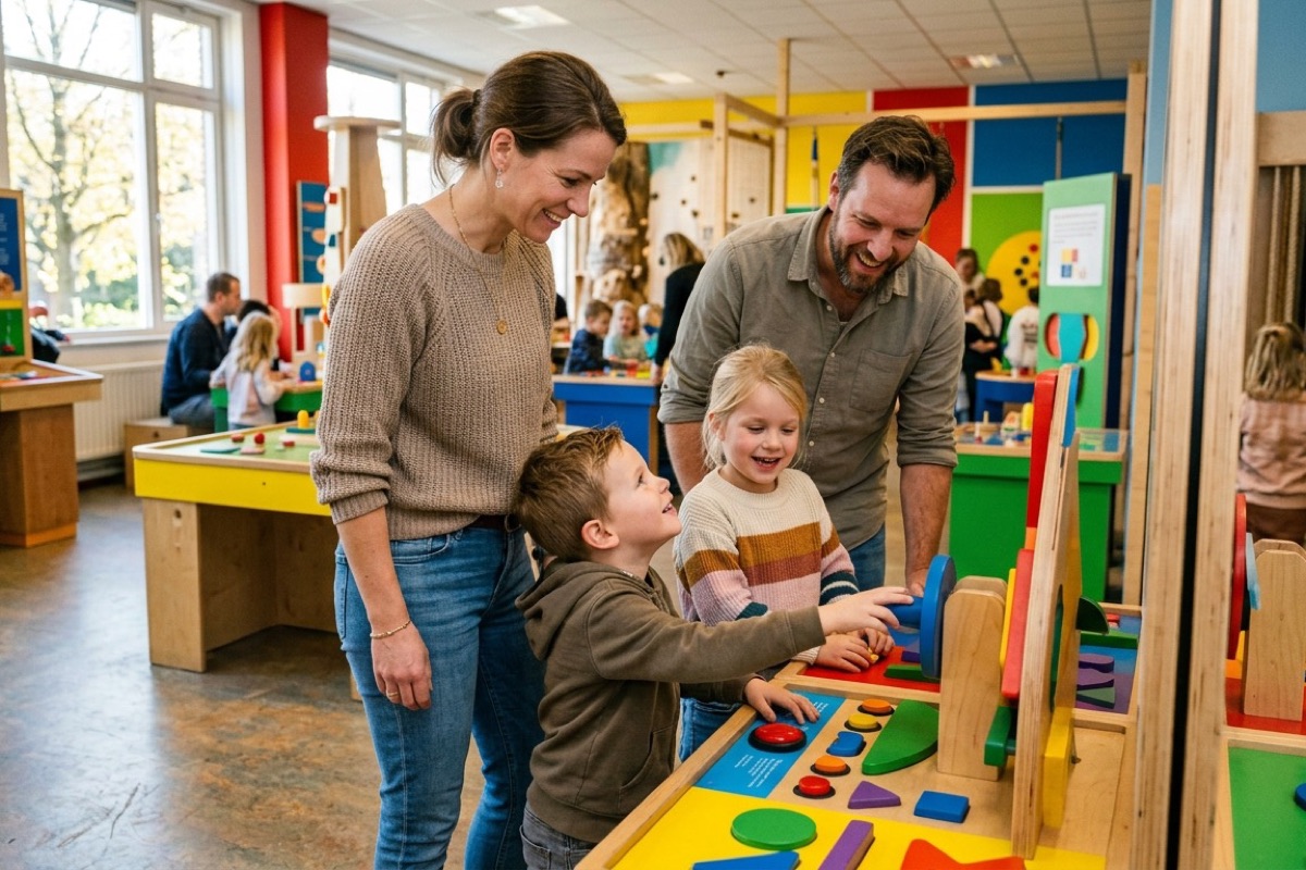 Kinderen spelen in een groot indoor-zwembad met glijbaan in Brabant