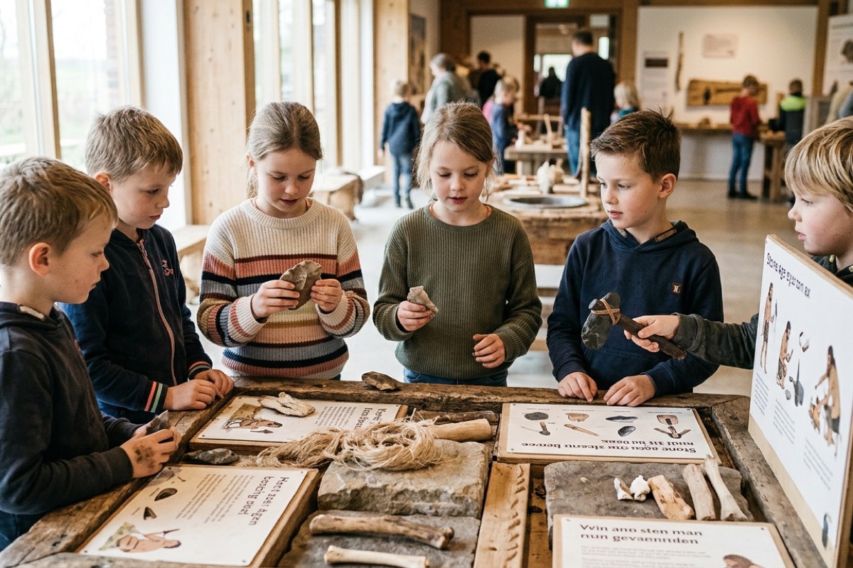 Kinderen kijken naar oude voorwerpen in een Drents prehistorisch museum met informatieborden