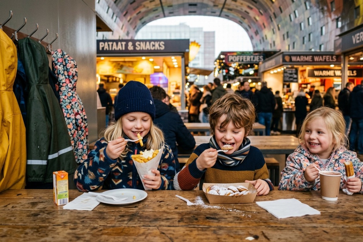 Drie Nederlandse kinderen eten warme snacks aan een houten tafel in een grote markthal