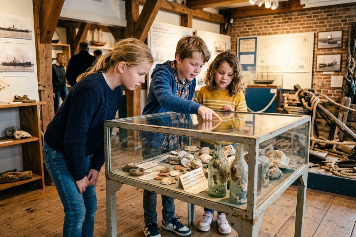 Een kind kijkt door het glas van een groot zee-aquarium met vissen op Texel