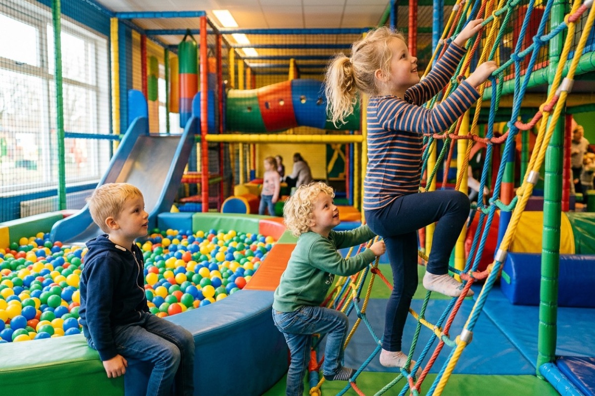Nederlandse kinderen klimmen in een kleurrijke binnenspeeltuin met klimnetten en ballenbak