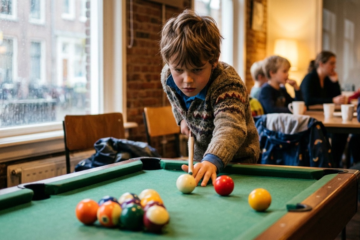 Een kind richt geconcentreerd een keu op gekleurde ballen op een kleine pooltafel in een gezellig binnenruimte op een regendag