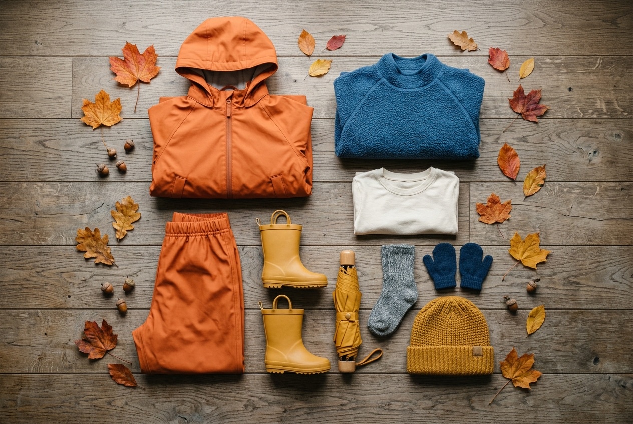 Flat-lay op een houten vloer van een complete kinder-herfst-uitrusting: oranje regenjas met capuchon en bijpassende regenbroek, blauwe fleece, cremen long-sleeve shirt, gele rubberen regenlaarzen, gele paraplu, wollen sok, blauwe wanten en gele muts, omringd door herfstbladeren en eikels.