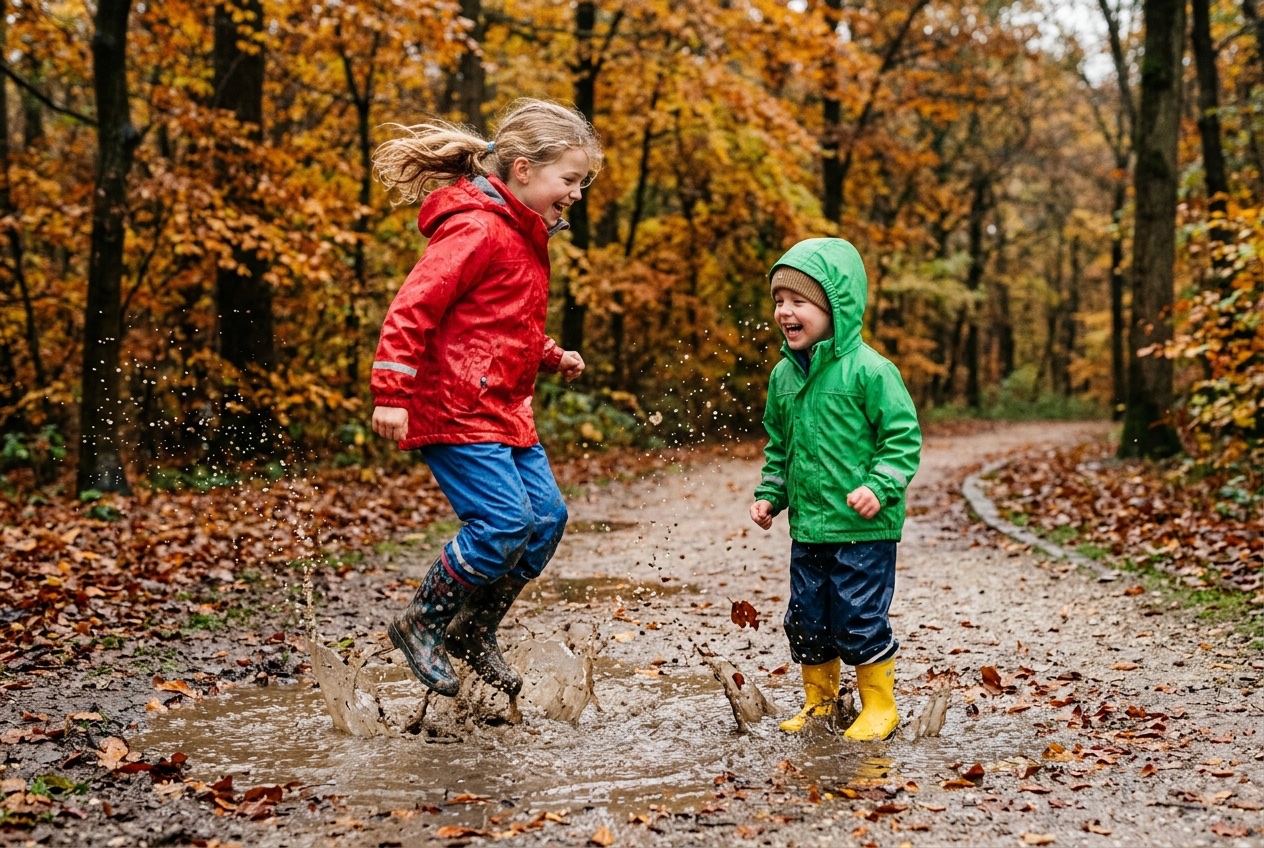 Twee kinderen springen lachend door een grote plas in een herfstbos: meisje in rode regenjas en gekleurde regenlaarzen, jongen in groene regenjas met capuchon en gele rubber laarzen.