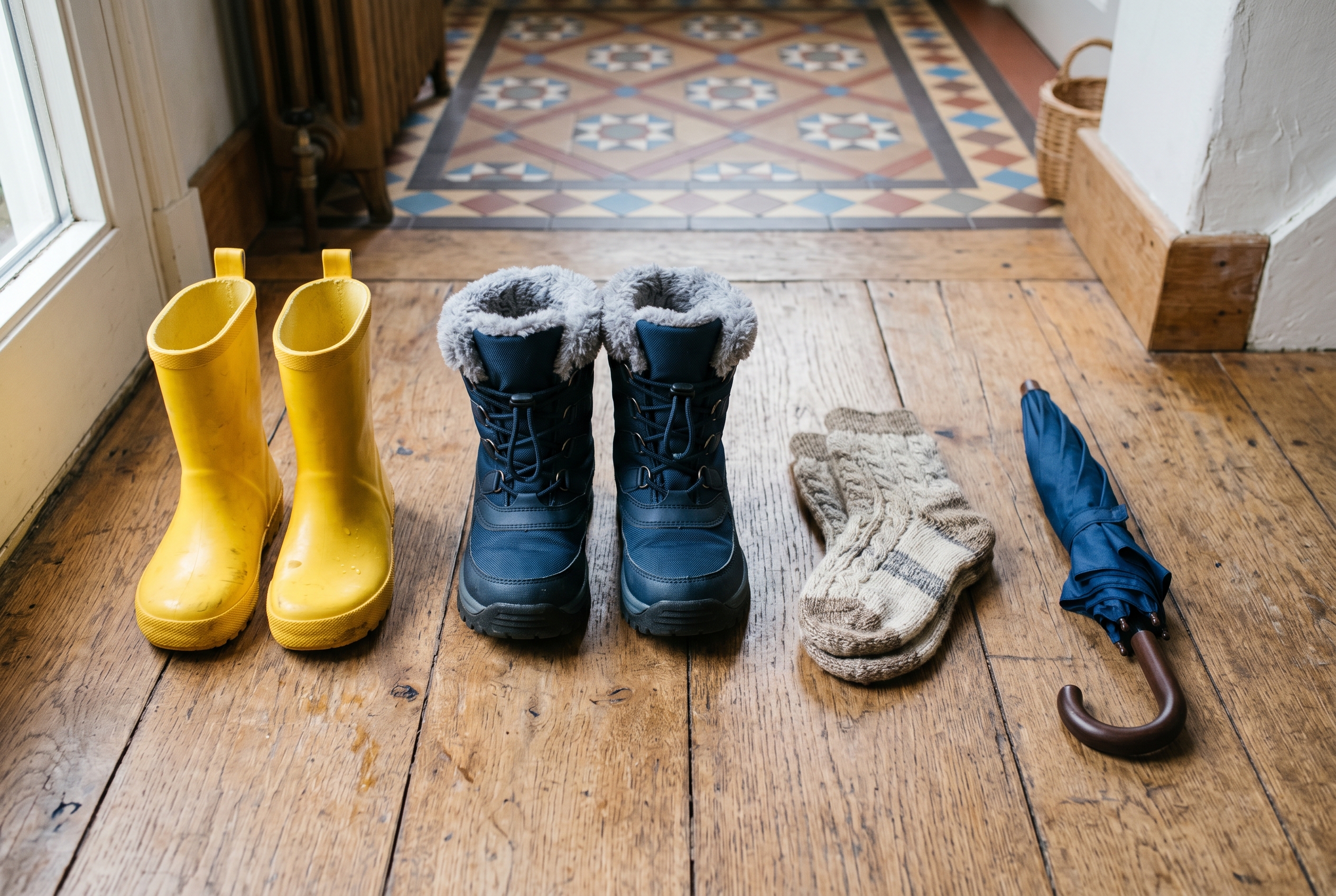 Drie soorten kinderschoeisel voor nat en koud weer naast elkaar op een houten vloer: gele rubberen regenlaarzen, donkerblauwe geïsoleerde snowboots met bonten kraag en warme wollen sokken met paraplu.