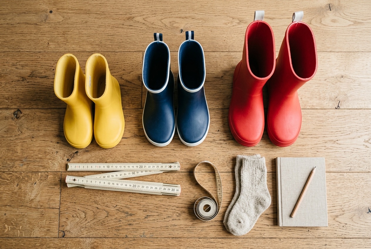 Drie paar kinder-regenlaarzen in gele, blauwe en rode kleur staan op een houten vloer naast een duimstok, een wol-sok en een meetlint voor het meten van de juiste maat.