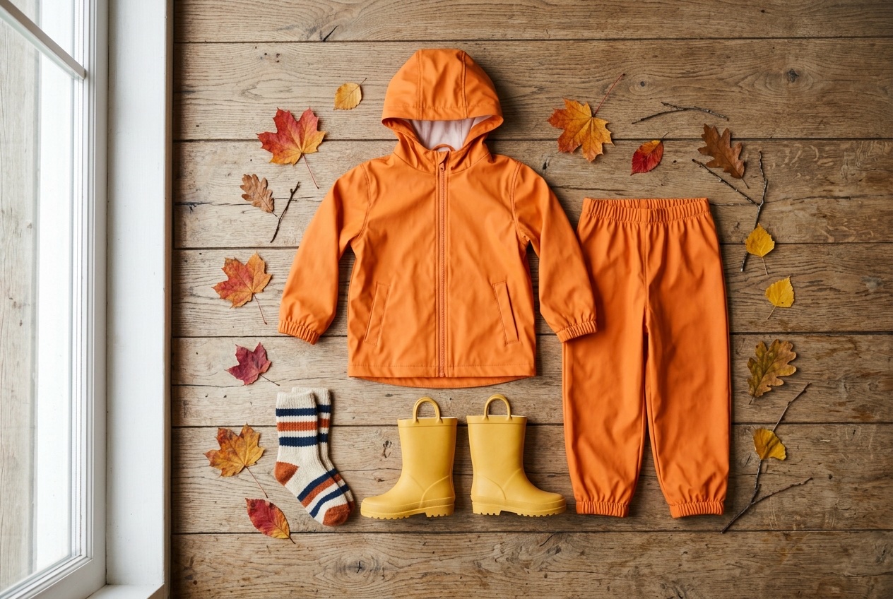 Flat-lay van een complete kinder-regenset op een houten vloer: oranje regenjas met capuchon, bijpassende regenbroek, gele rubberen regenlaarzen en wollen sokken, omringd door herfstbladeren.