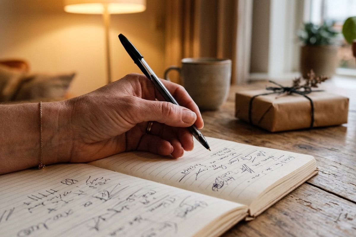 Een hand met pen boven een open notitieblok met handgeschreven rijmwoorden in groepjes