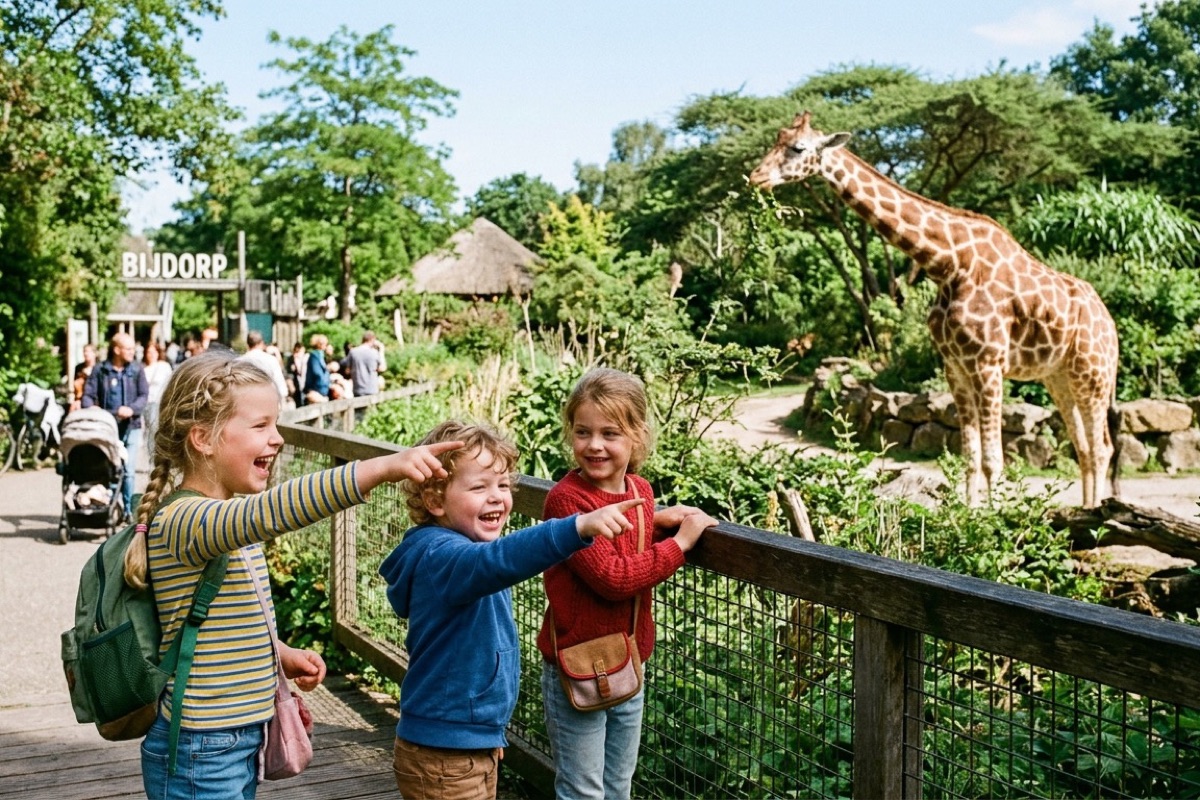 Drie Nederlandse kinderen kijken naar een giraf in een dierentuin met lush groene begroeiing
