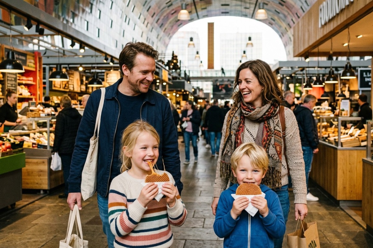 Een Nederlandse familie wandelt door een grote markthal en eet stroopwafels