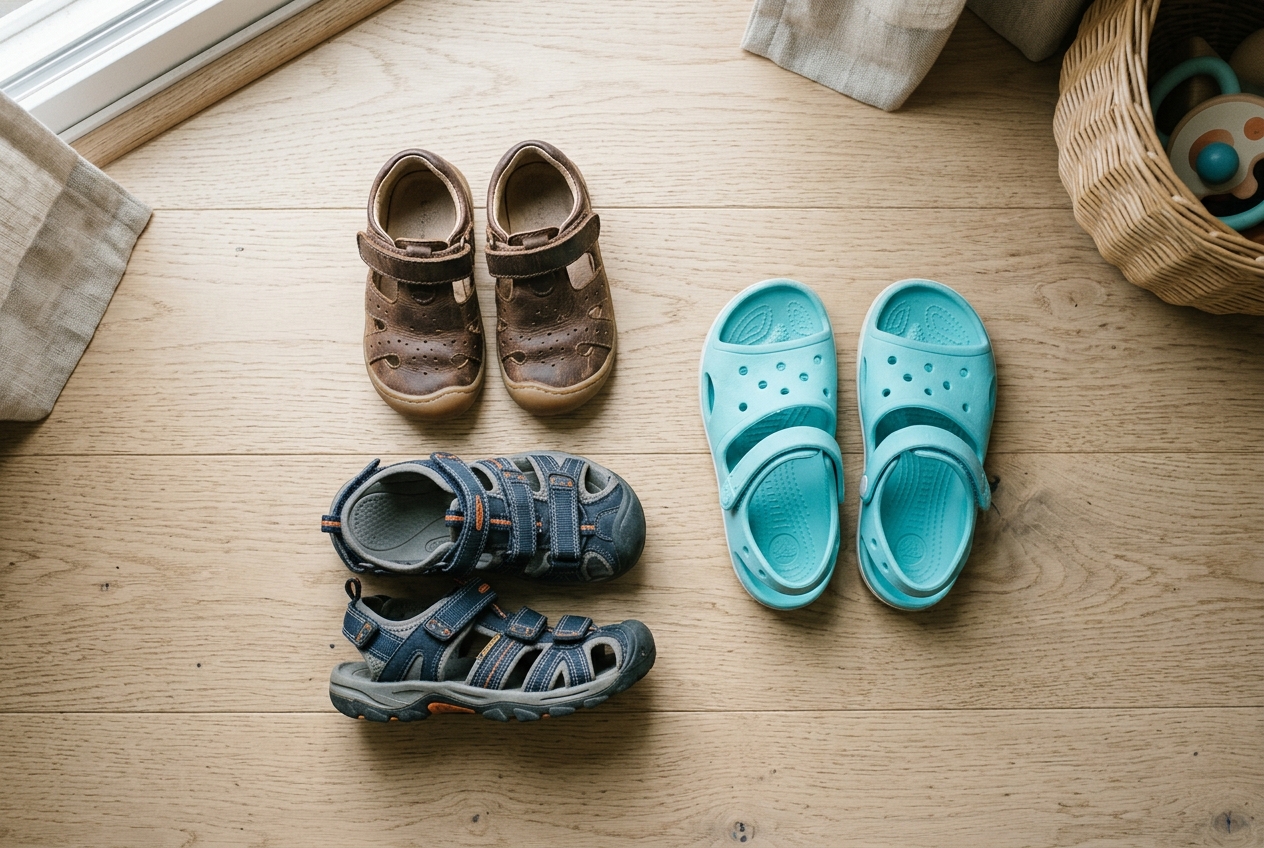 Flat-lay van drie paar kindersandalen op een lichte houten vloer: leren peuter sandalen, sportieve klittenband sandalen en lichte badsandalen.
