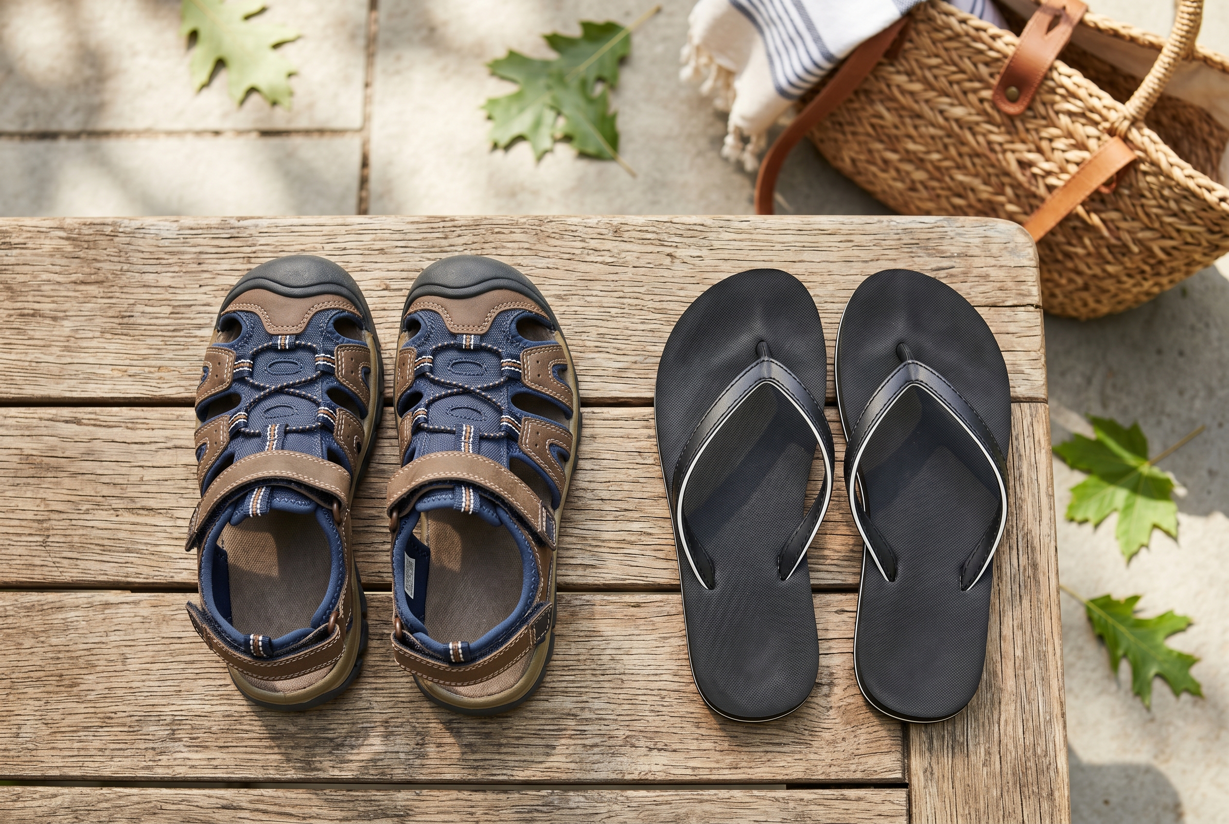 Vergelijking van twee soorten kinderschoeisel naast elkaar op een houten tafel: stevige sandalen met klitteband en hielband enerzijds, eenvoudige teenslippers anderzijds.