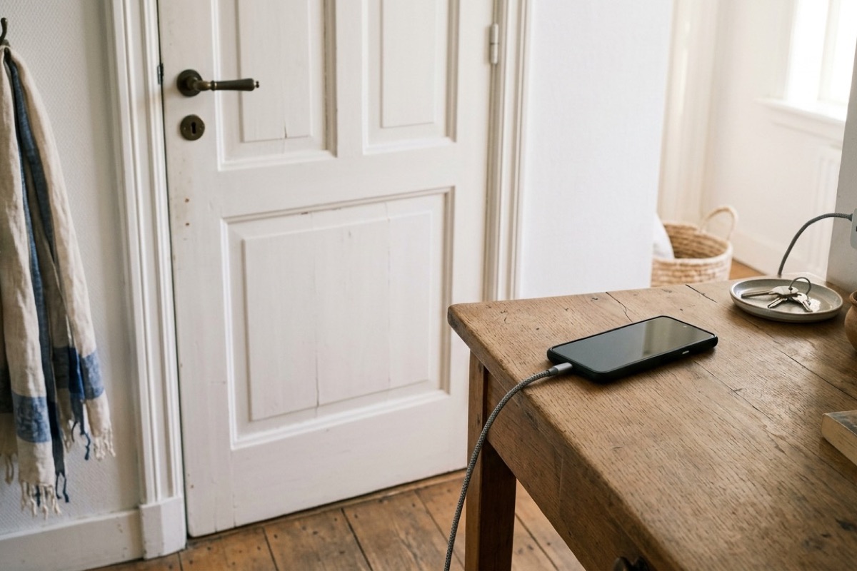 Een telefoon ligt op te laden op een gangtafel buiten de slaapkamer in zacht daglicht