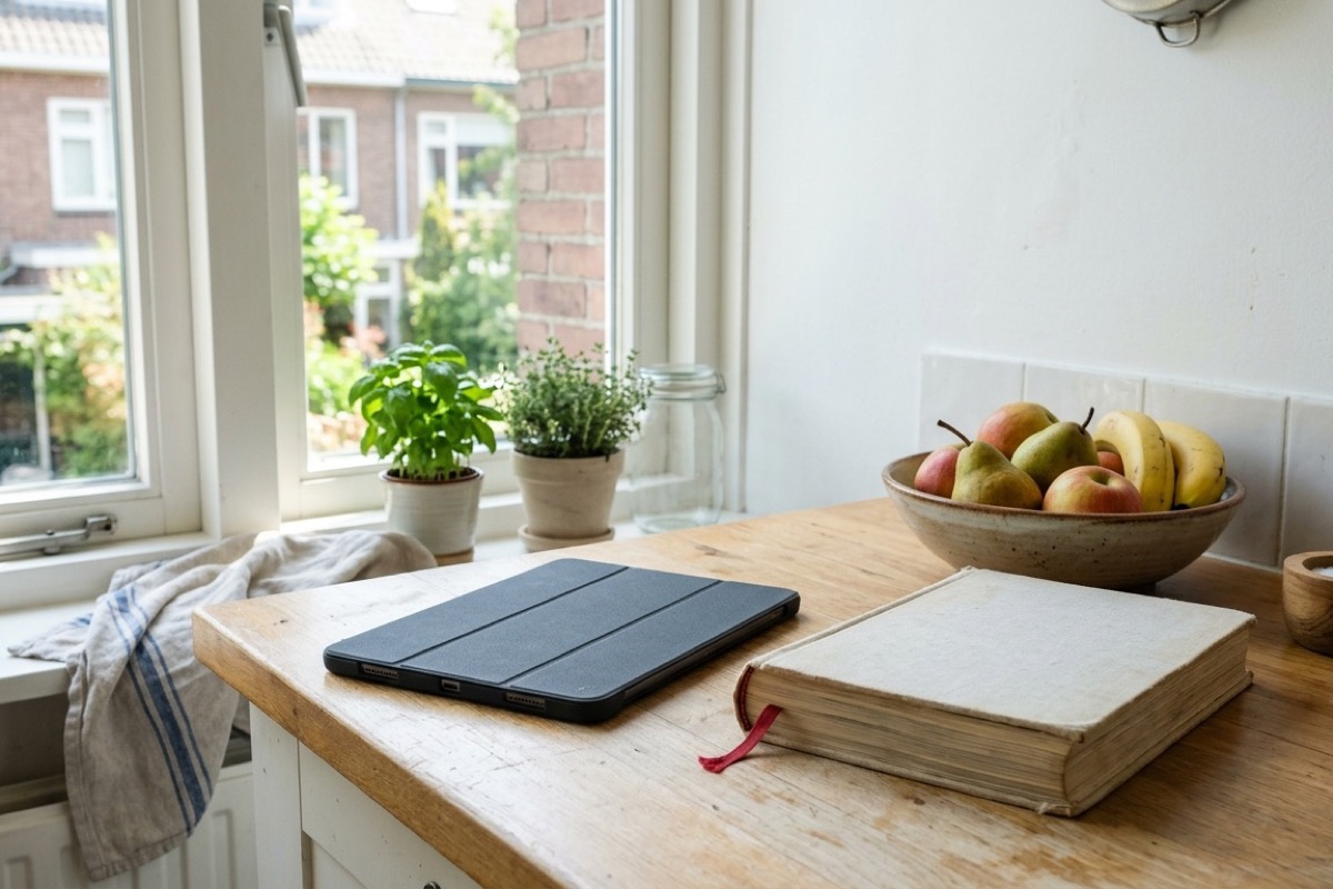Een tablet ligt opgeruimd opzij naast een kookboek en een fruitschaal in een lichte Nederlandse keuken