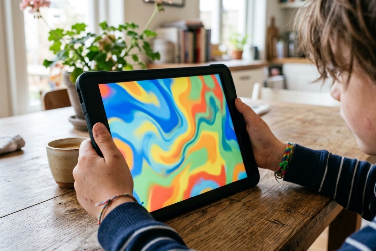 Een kind van rond de acht houdt een tablet vast aan de keukentafel bij daglicht, met abstracte kleurvormen op het scherm