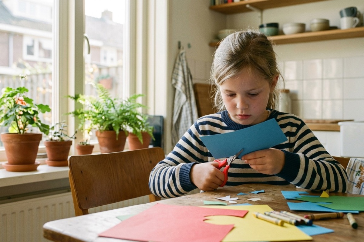 Een kind speelt creatief met blokken aan de keukentafel, geen scherm in beeld, in een lichte Nederlandse keuken