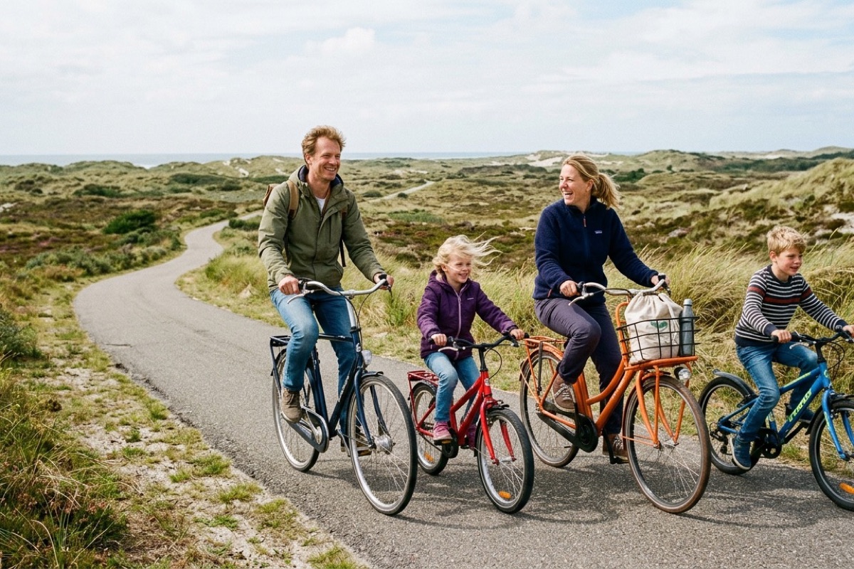 Een Nederlands gezin fietst over een autovrij duinpad op Schiermonnikoog in zomerlicht