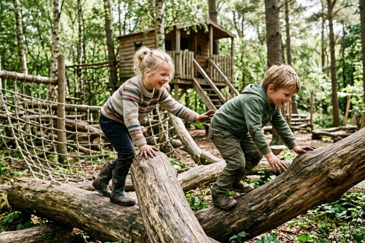Twee Nederlandse kinderen klauteren op boomstammen in het Speelbos op Schiermonnikoog