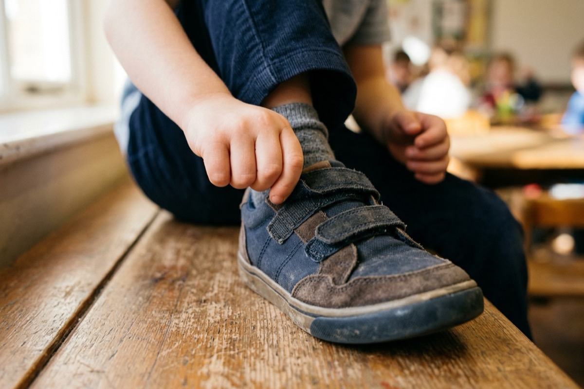 Kleuterhand sluit klittenband van eigen schoen op houten schoolbankje in klaslokaal.