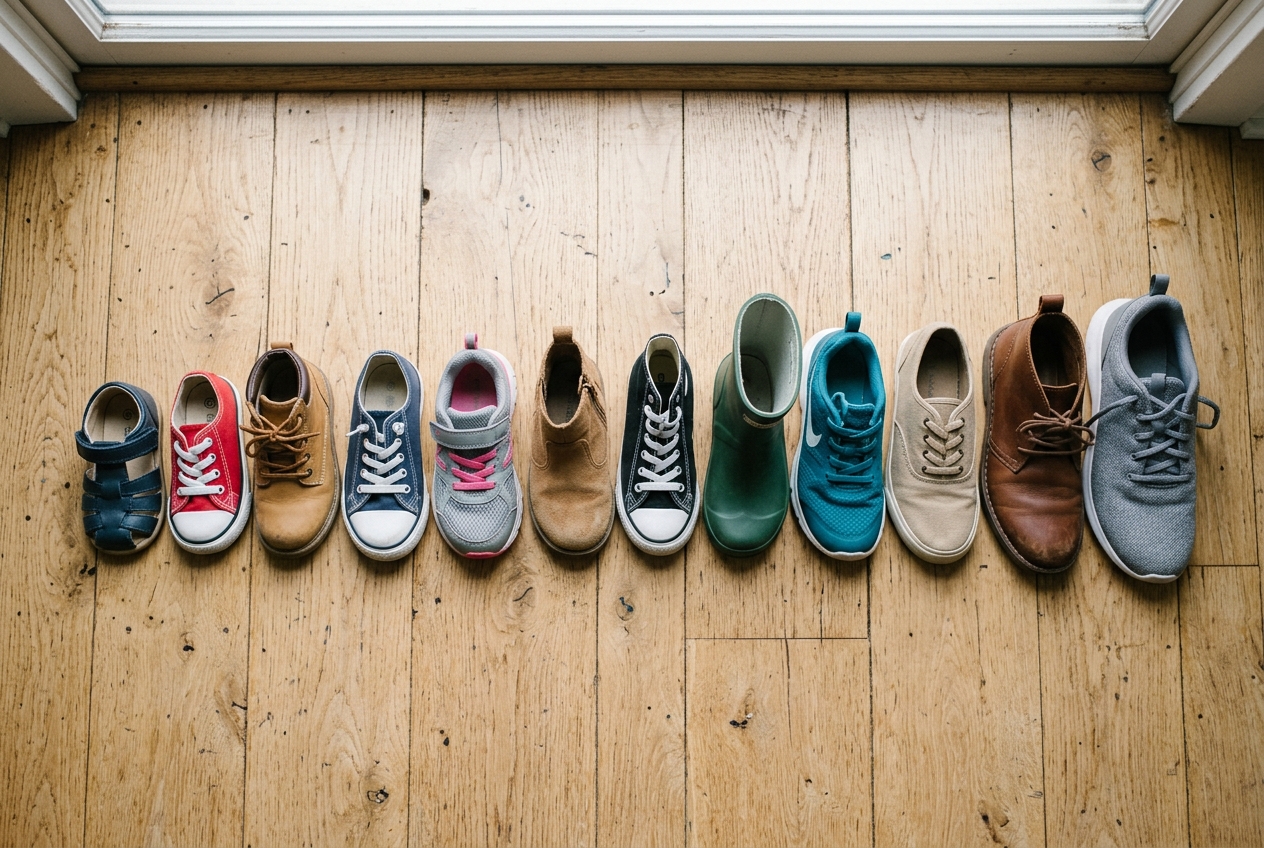 Rij kinderschoenen in oplopende maten van peuter tot tiener op een houten vloer, vanaf boven gezien.