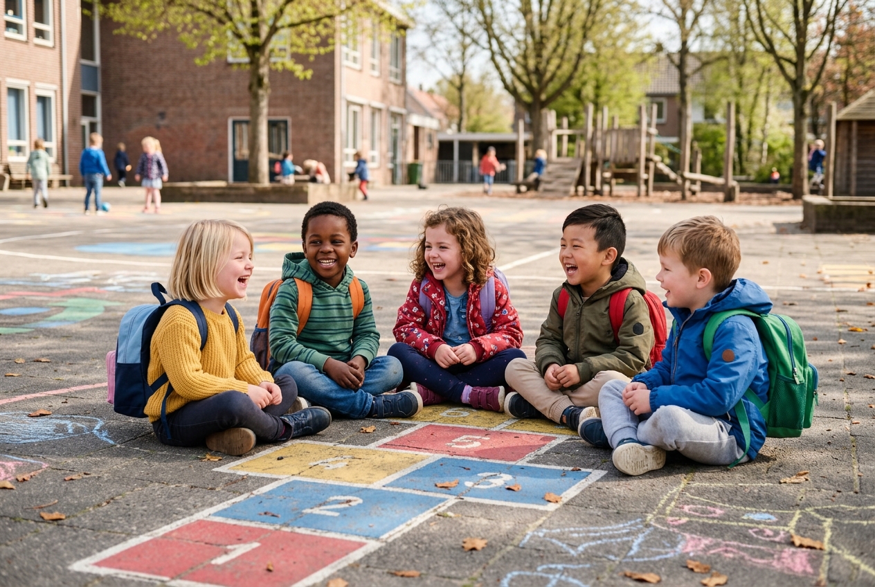 Vijf kleuters zitten in een kleurrijke kring op het schoolplein, allemaal in hun rugzakjes en jassen, lachen samen.