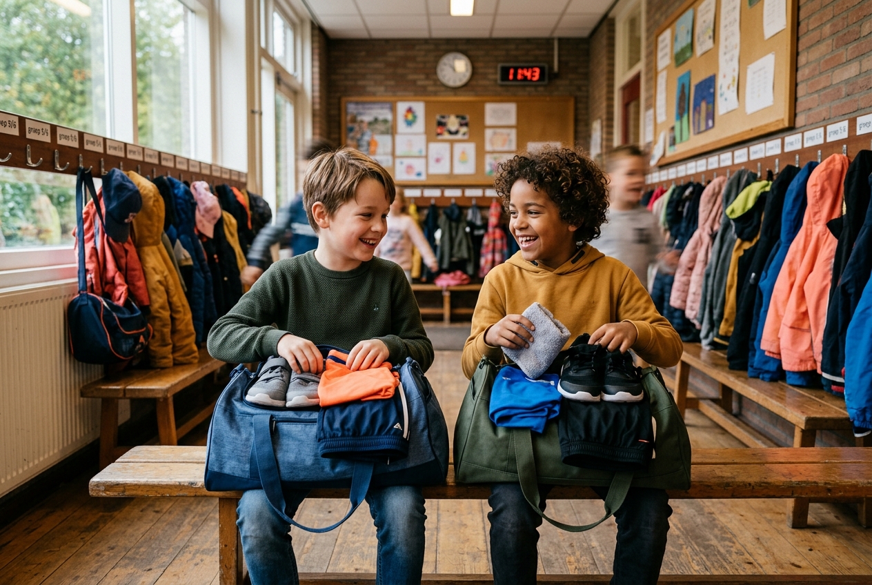Twee Nederlandse kinderen van 8 en 9 jaar pakken hun gymtas in op een houten bank in een schoolgang.