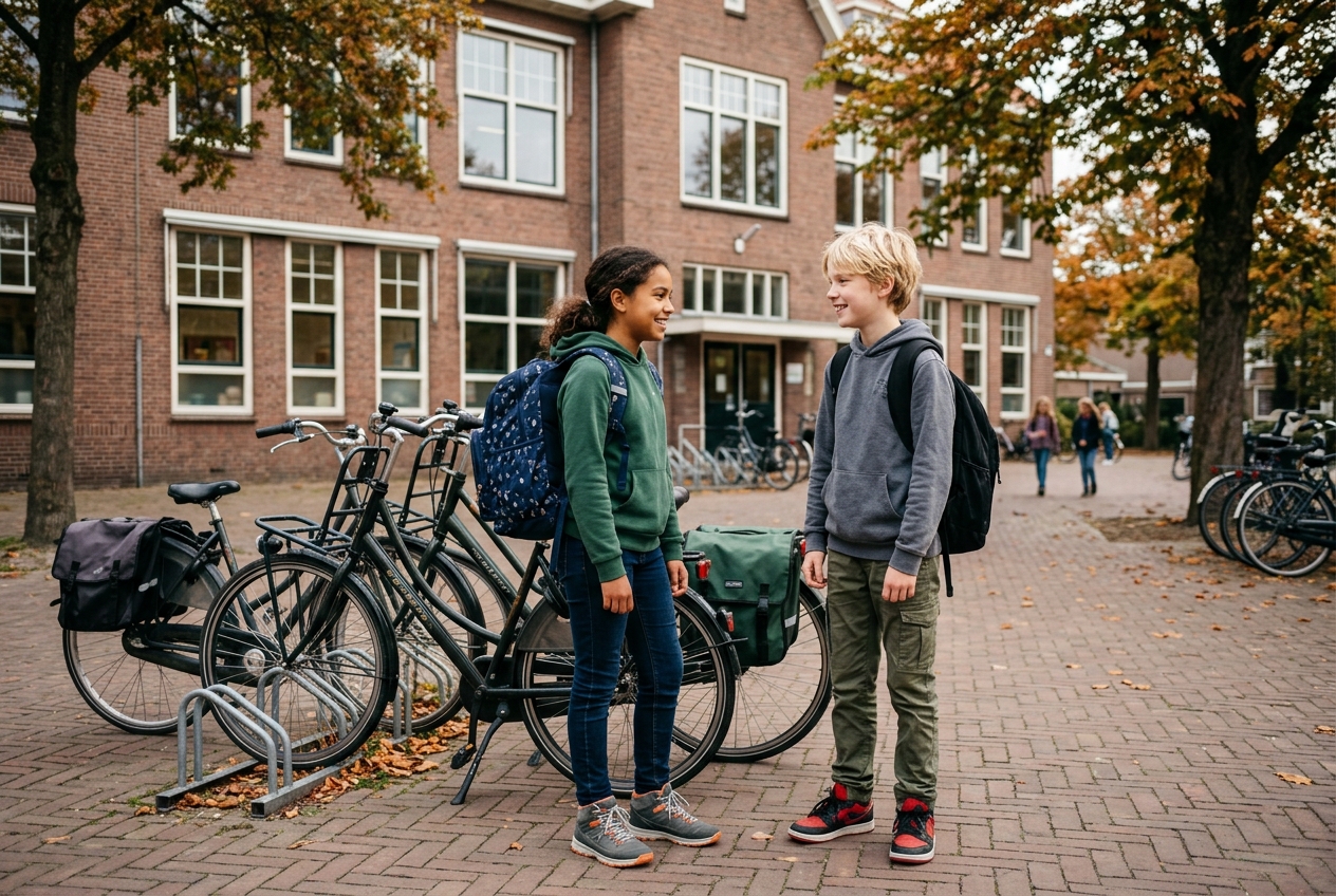 Twee Nederlandse tieners van 11 en 12 jaar staan met sneakers en grote rugzakken voor hun fiets bij een schoolgebouw.