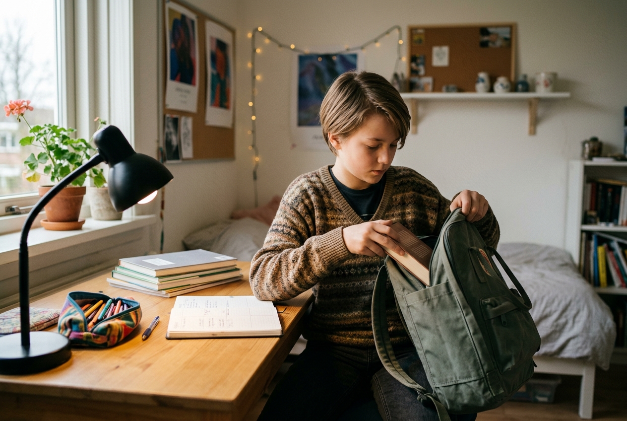Een Nederlandse tiener van twaalf jaar pakt zelfstandig de rugzak in op het bureau in de eigen kamer, met agenda, schoolboeken en pennen.