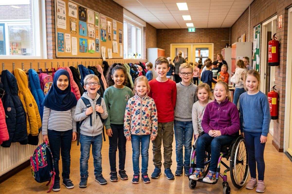 Een diverse groep Nederlandse basisschoolkinderen, leeftijden 5 tot 12, staat lachend in een schoolgang met jassen aan de kapstok op de achtergrond.