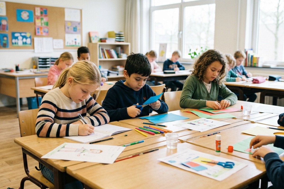 Nederlandse basisschoolkinderen werken geconcentreerd aan een knutsel- en schrijfopdracht in een zonnige klas.