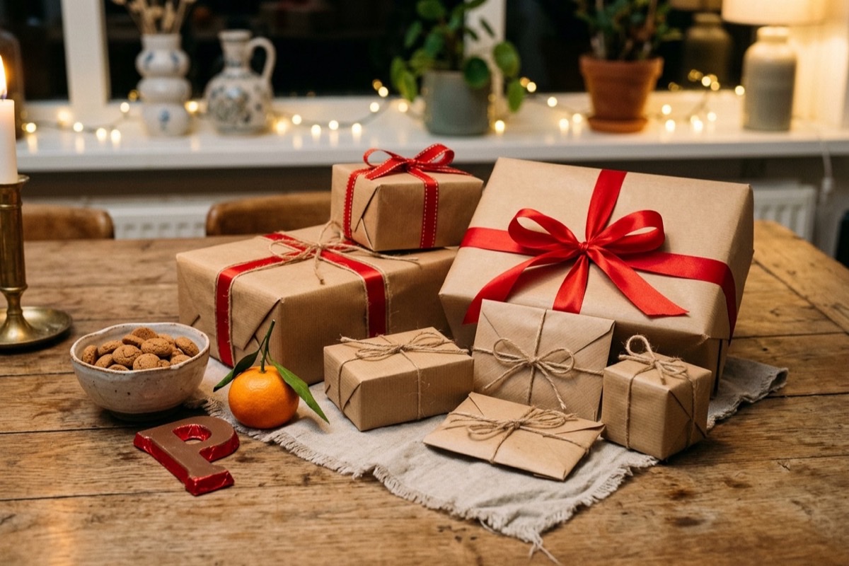 Een verzameling Sinterklaas-cadeaus in bruin kraftpapier en rode linten op een houten tafel