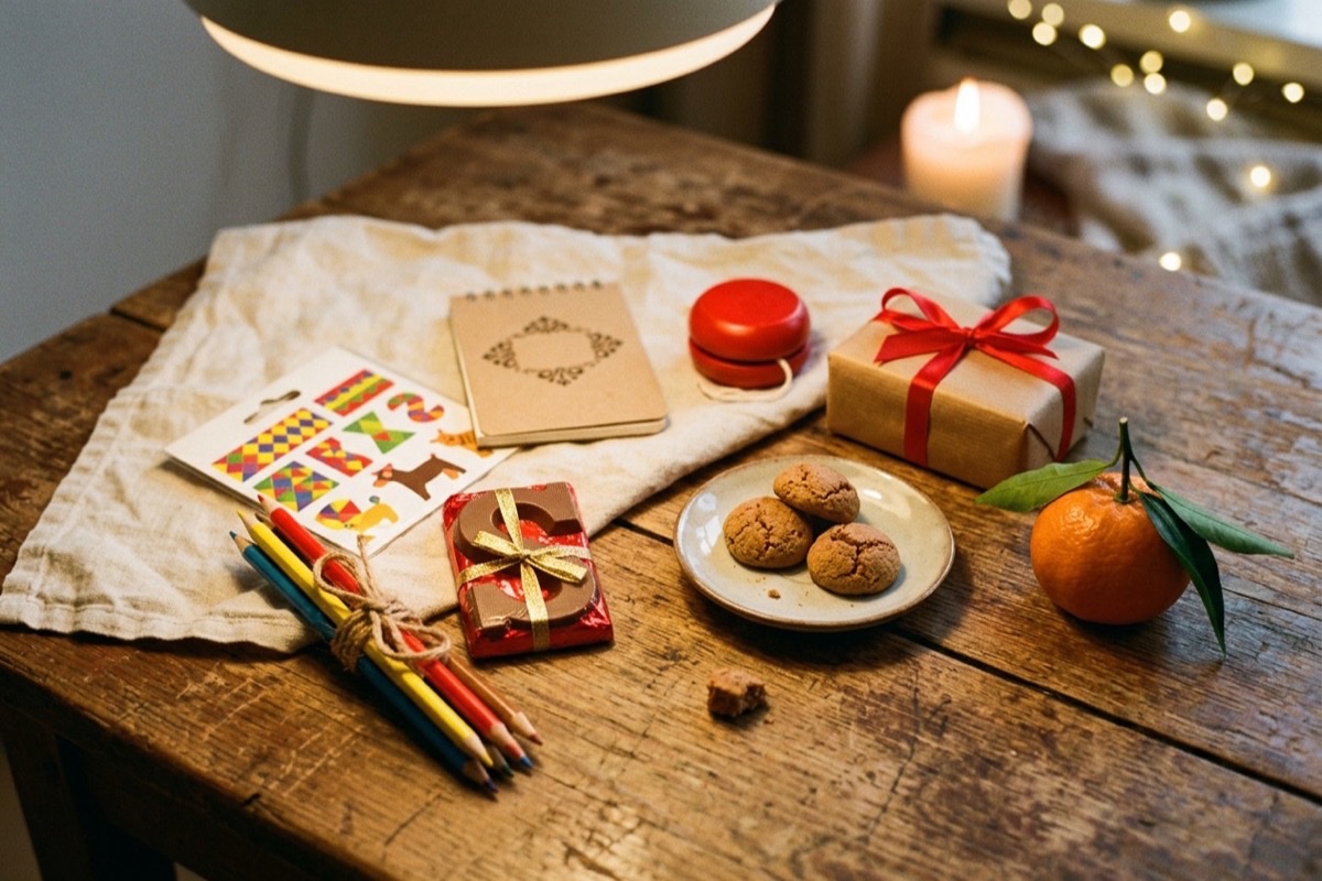 Kleine cadeautjes onder de tien euro op een houten tafel met pepernoten en kleurpotloden