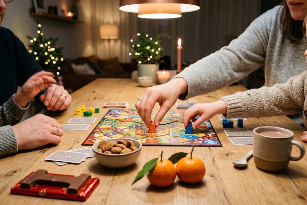 Een ingepakt middenklasse cadeau met rood lint naast een bordspel en een mug warme chocolademelk