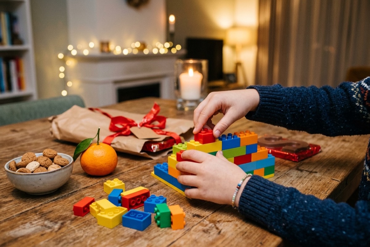 Een kind van rond de acht jaar bouwt aan een Lego-set op de woonkamervloer