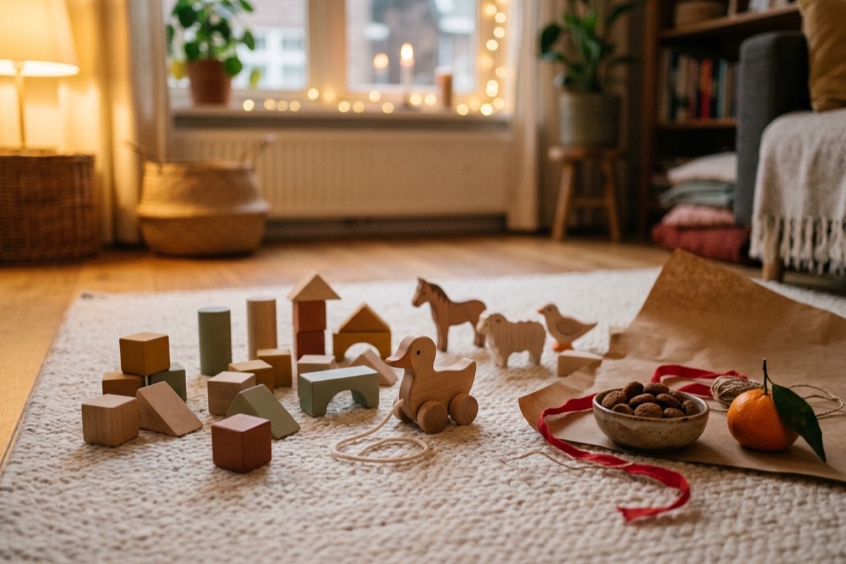 Een kleuter speelt met houten speelgoed en bouwblokken in een gezellige woonkamer
