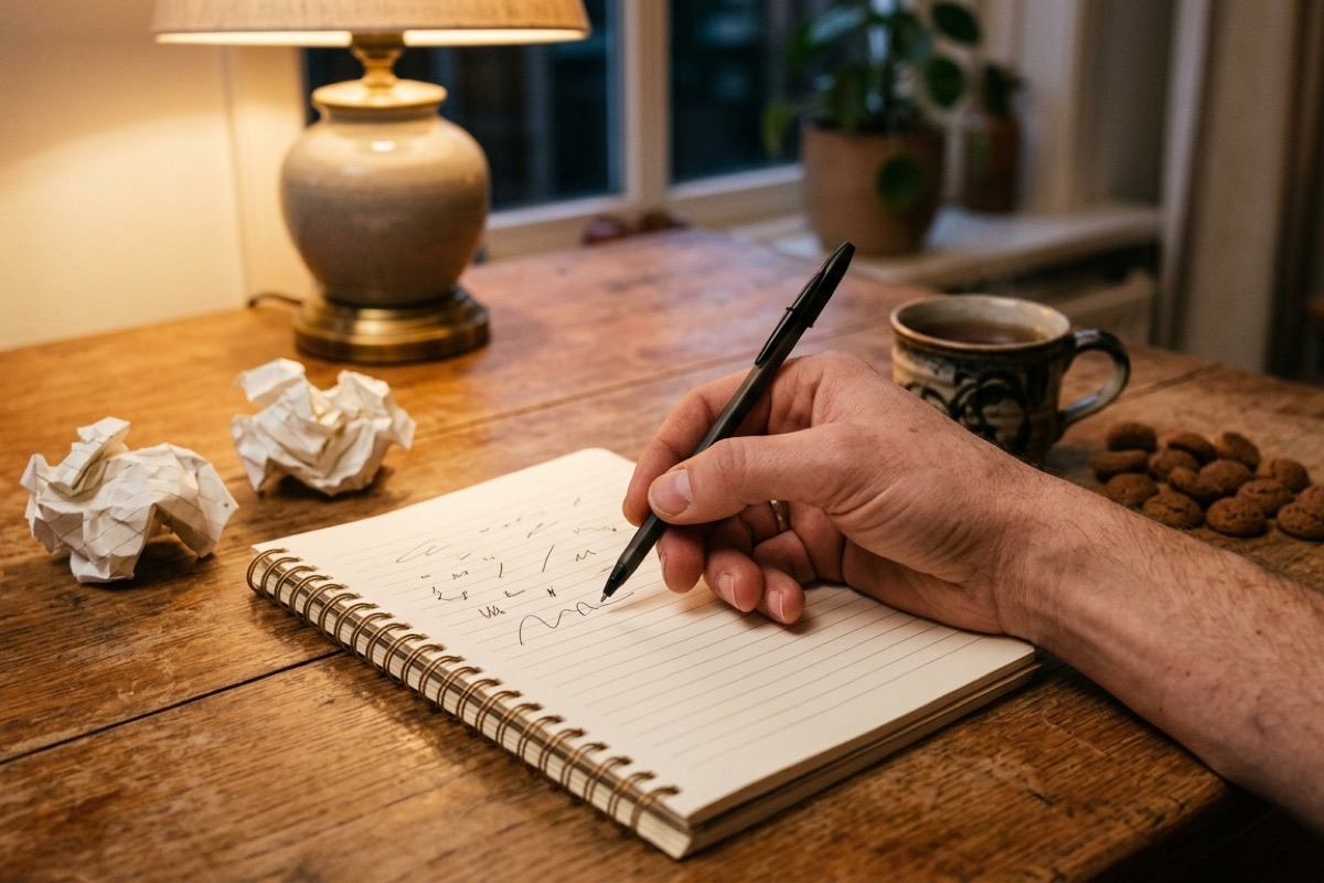 Een hand met een zwarte pen schrijft op een blanco notitieblok bij een warm lampje, met verfrommelde papiertjes en een kop koffie ernaast
