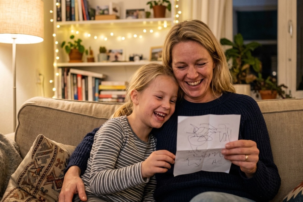 Een ouder en kind lachen samen op de bank terwijl ze een sinterklaasgedicht lezen, met warme lampjes op de achtergrond