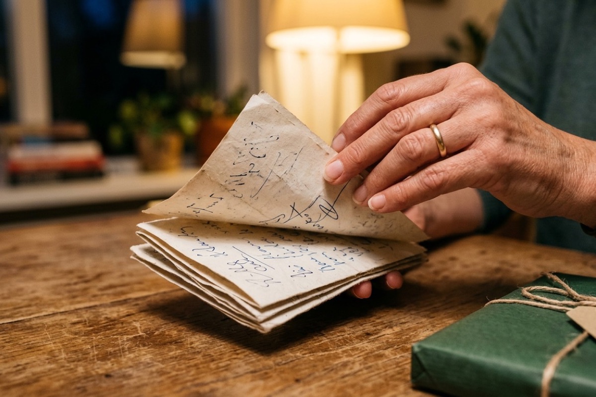 Een hand bladert door een stapeltje gevouwen handgeschreven sinterklaasgedichten op een houten tafel