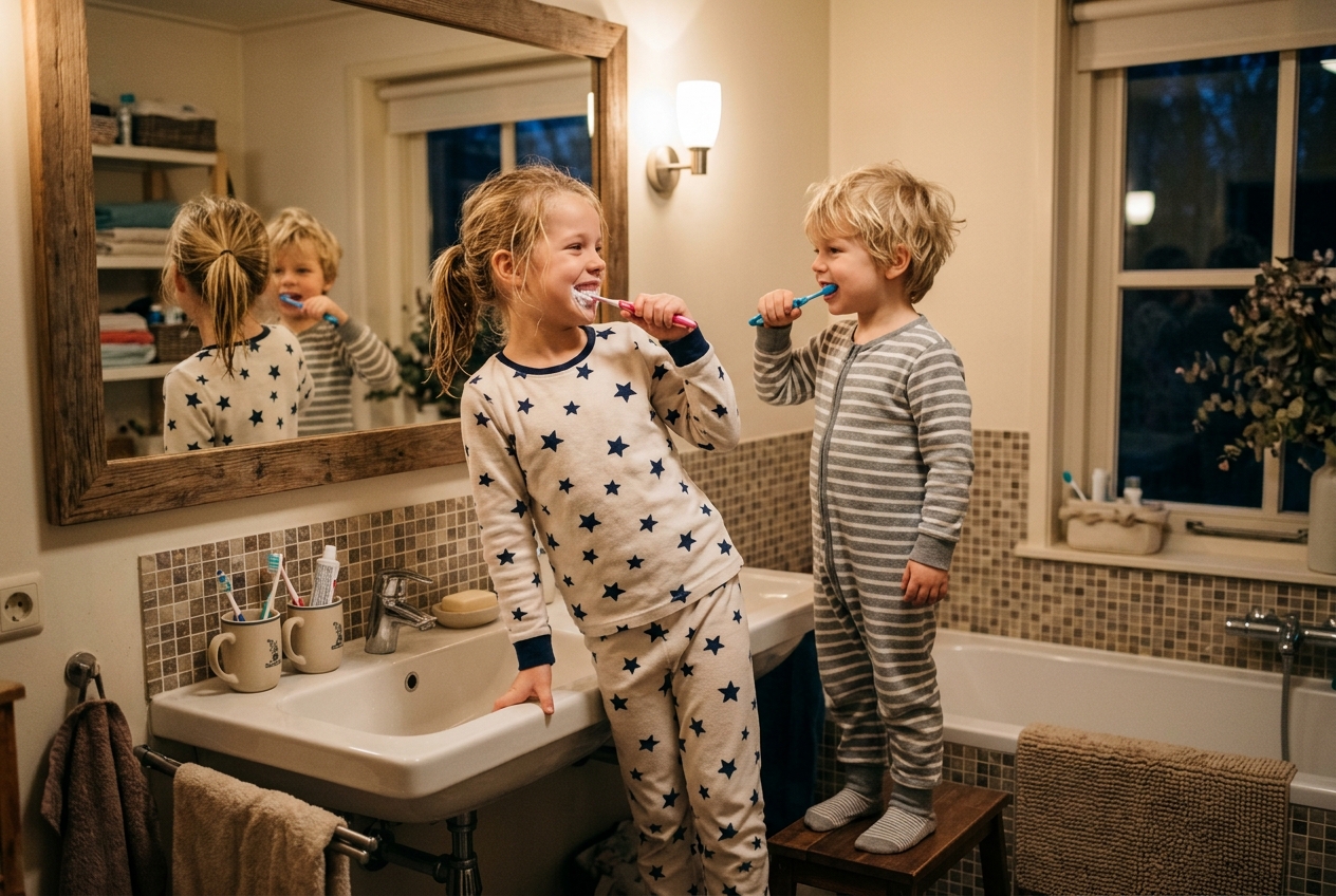 Twee kinderen poetsen samen hun tanden voor het slapen in pyjama's met sterrenprint en grijze strepen-onesie in een Nederlandse badkamer met warme verlichting.