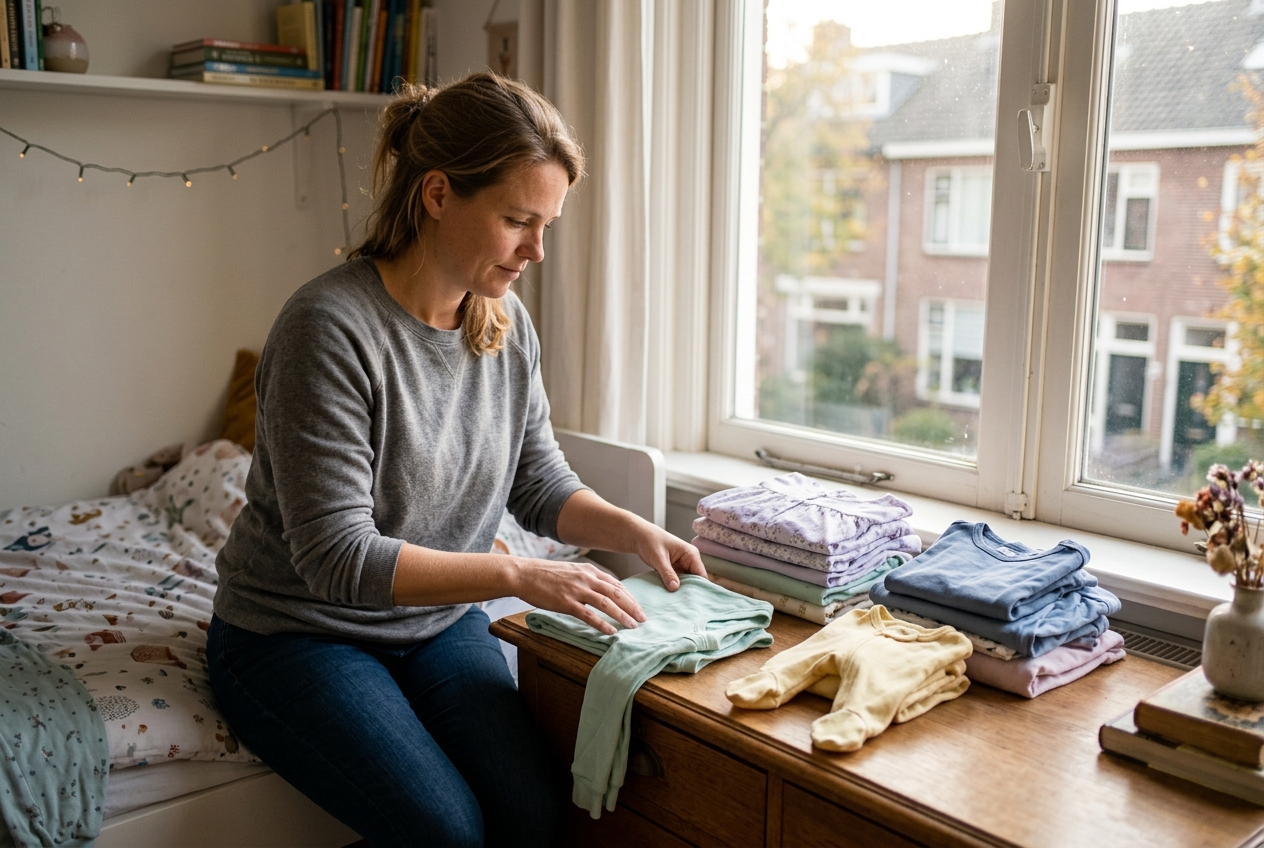 Een Nederlandse ouder vouwt verschillende kinderpyjamas op een houten ladekast: katoenen tweedelige pyjamas, een geel boxpak met voet en nachtjurken in pasteltinten bij Nederlandse middaglicht.
