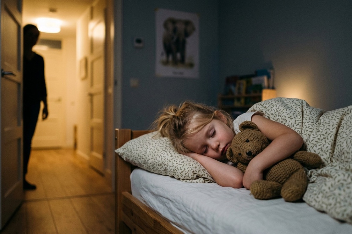 Kind ligt rustig in eigen bed met knuffel terwijl ouder zachtjes door de deuropening kijkt.