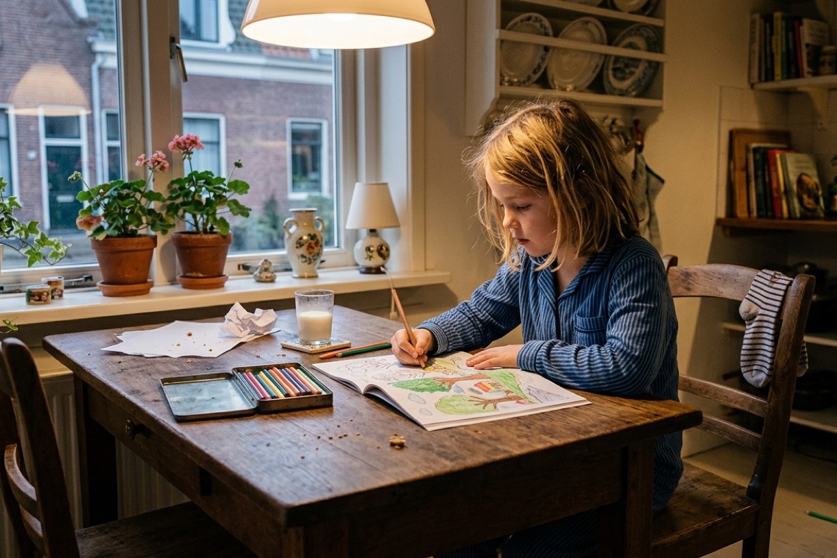 Kind kleurt aan de keukentafel in zacht avondlicht voor een rustig moment voor het slapen.