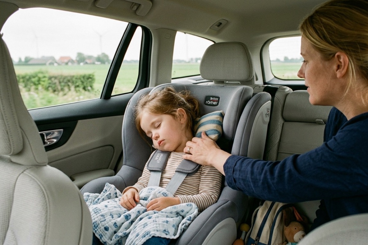 Ouder verstelt voorzichtig een kussentje achter het hoofdje van een slapend kind in autostoeltje.