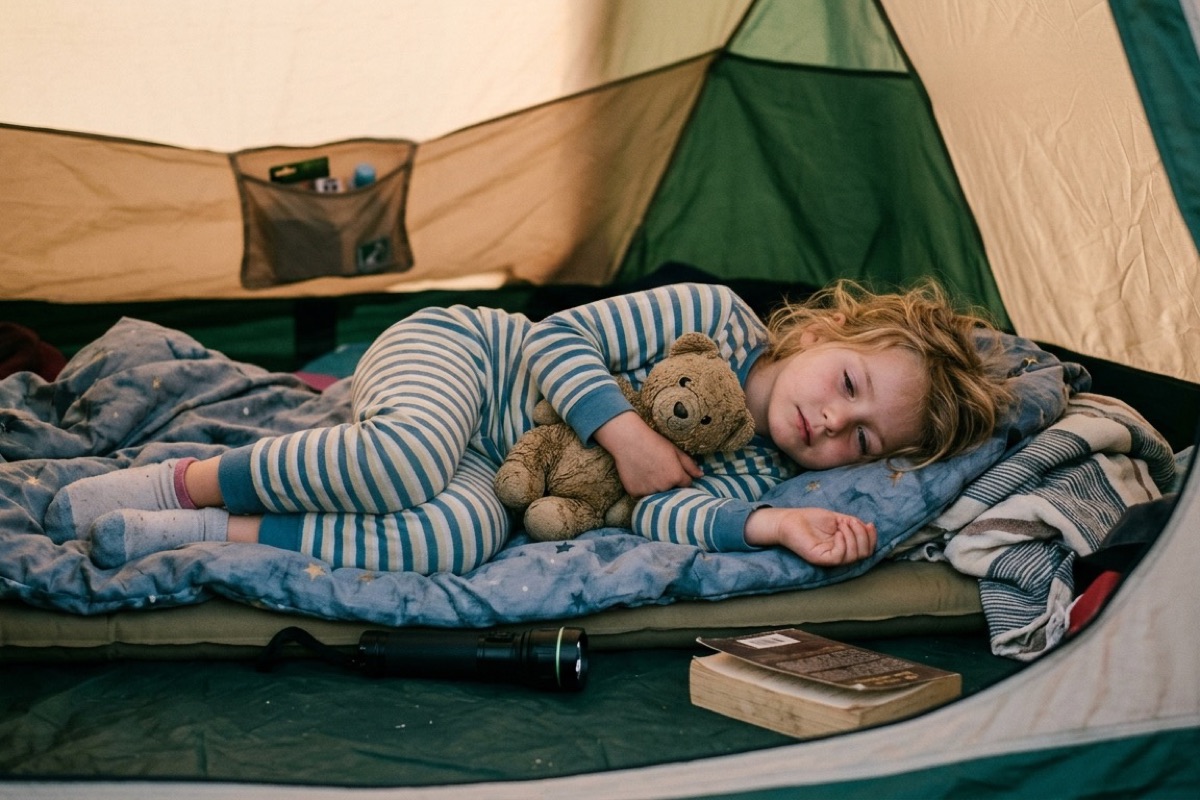 Kind ligt in een slaapzak met een knuffel terwijl door tentdoek zacht avondlicht valt.