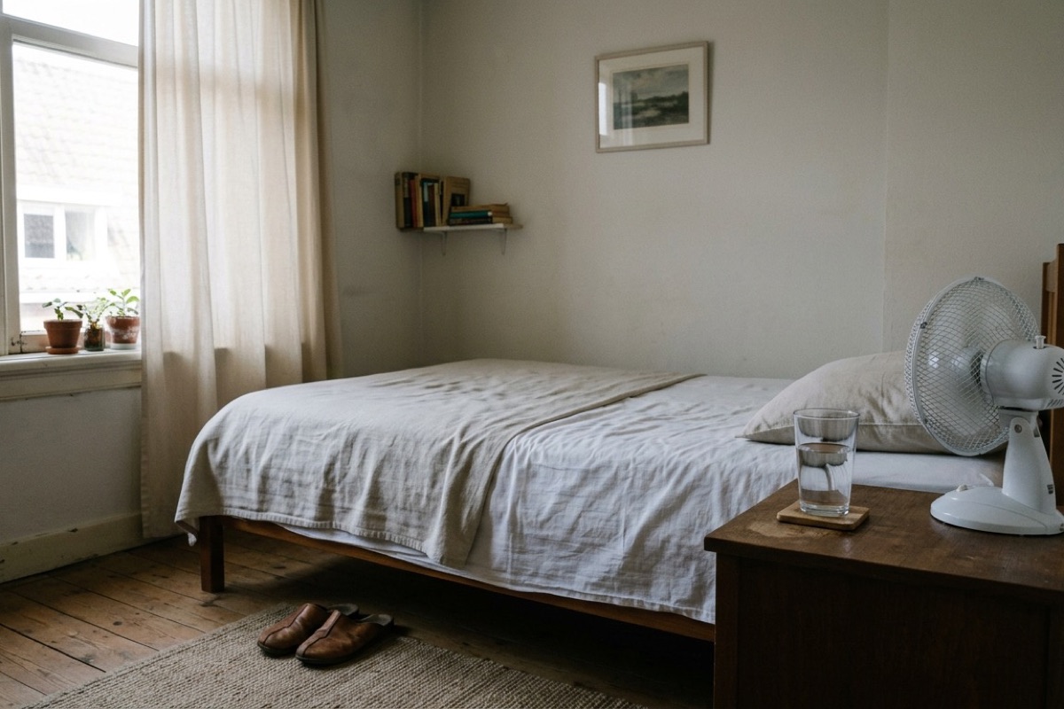 Een Nederlandse slaapkamer met dichte gordijnen tegen de zomerhitte, een ventilator op het nachtkastje en een dun laken op het bed
