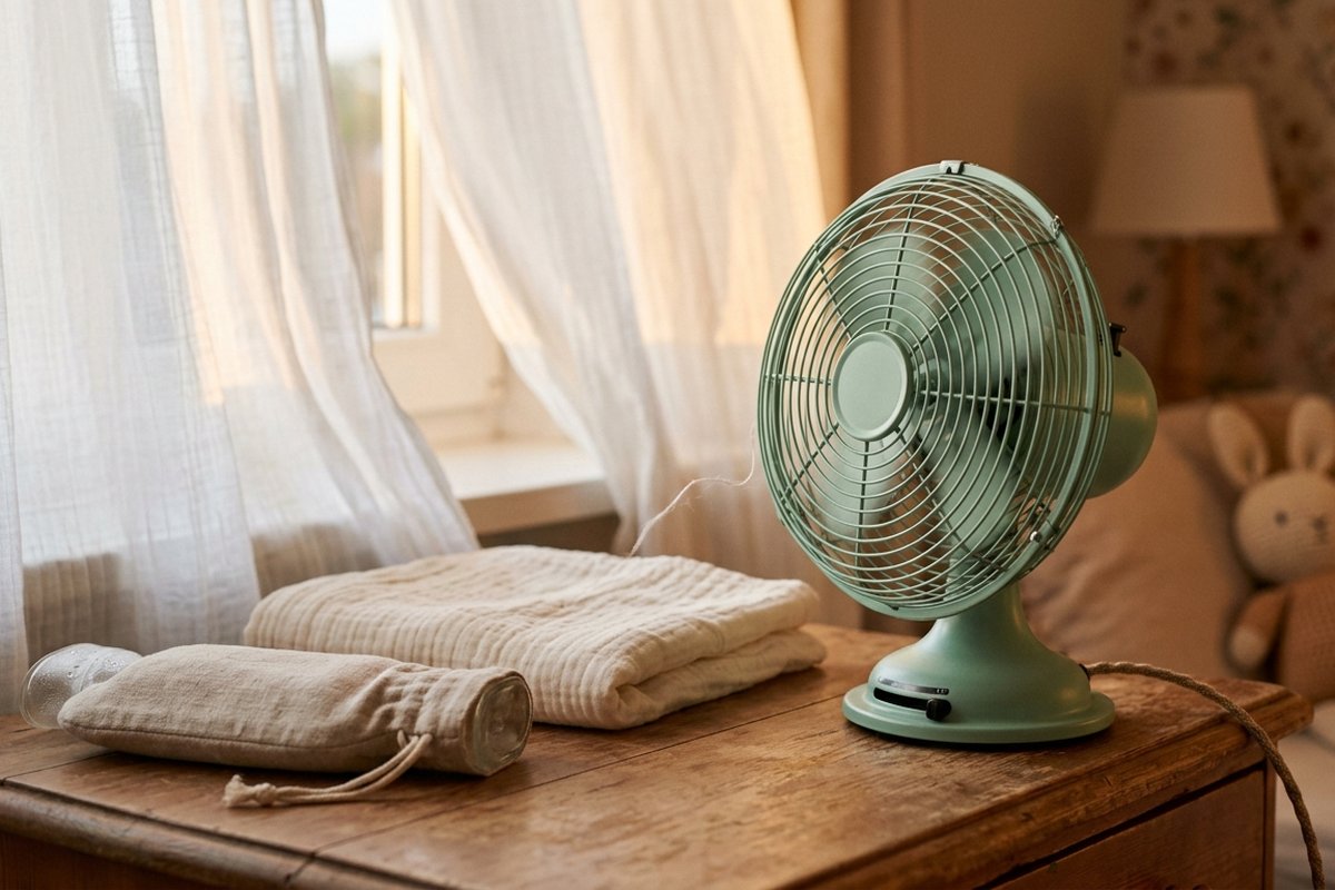 Peuter slaapt in alleen een rompertje op een dun katoenen laken bij warm zomerweer